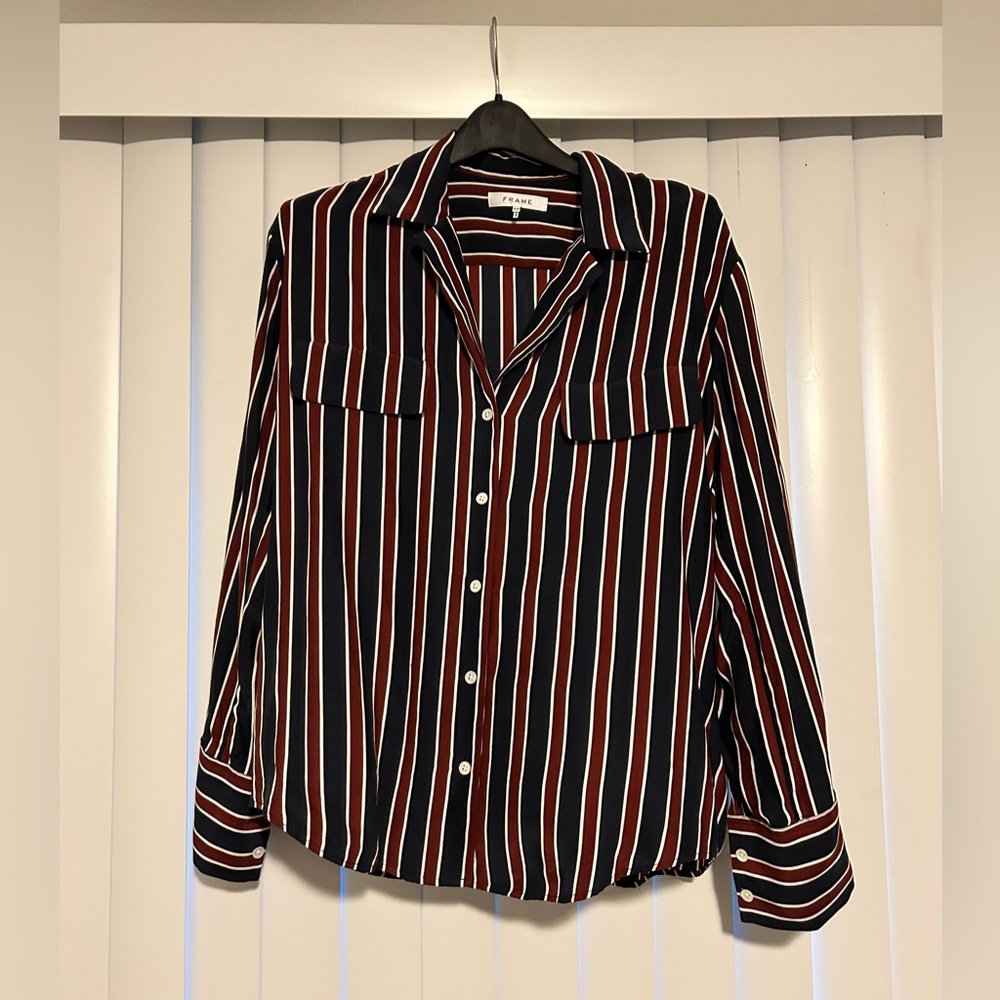 Frame Denim Striped Button-Down Shirt in Navy, Maroon & White